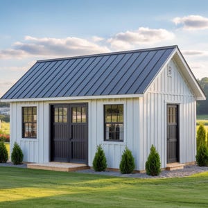 May include: A small, white shed with a dark grey metal roof and black doors and window frames. The shed is surrounded by green grass and small evergreen trees. The sky is blue with a few clouds.