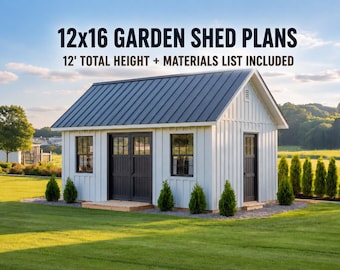 12x16 Garden Shed Plans PDF – Tall DIY Storage Shed Blueprints with 9/12 Roof Pitch & Materials List