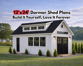 12x24 Garden Shed Plans With Loft (PDF) – Workshop & Storage Shed with Double Doors, DIY Dormer Storage Building with Materials List