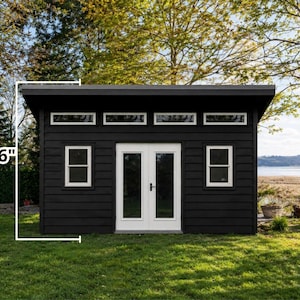May include: A black shed with white trim, featuring double doors, two rectangular windows, and a row of four clerestory windows. A white graphic line indicates a height measurement of 11 feet 6 inches along the side of the structure.