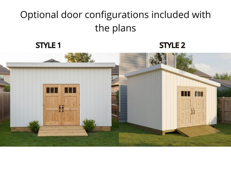 Puede incluir: Se muestran dos dise&ntilde;os de cobertizos, Estilo 1 y Estilo 2. El Estilo 1 presenta un techo plano y puertas dobles con cuatro cristales cada una. El Estilo 2 tiene un techo inclinado y puertas dobles con tres cristales cada una. Ambos cobertizos son blancos con puertas de madera.