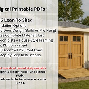 Puede incluir: Planos PDF imprimibles digitales para un cobertizo adosado de 12x16. Incluye dise&ntilde;o de doble puerta, lista completa de materiales e instrucciones paso a paso. El cobertizo tiene una puerta y rampa de madera, con exterior blanco y techo gris.