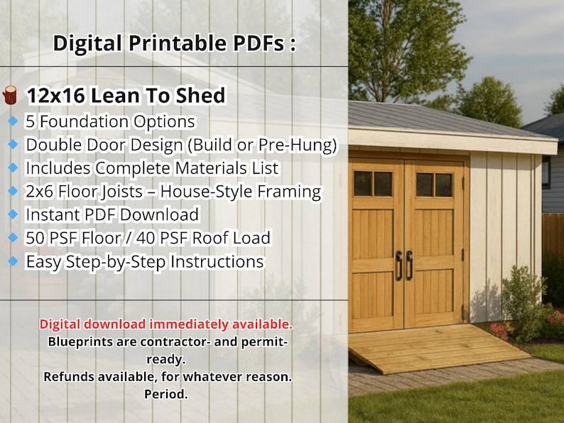 Puede incluir: Planos PDF imprimibles digitales para un cobertizo adosado de 12x16. Incluye dise&ntilde;o de doble puerta, lista completa de materiales e instrucciones paso a paso. El cobertizo tiene una puerta y rampa de madera, con exterior blanco y techo gris.
