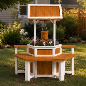 May include: A wooden wishing well planter featuring a hexagonal base with integrated bench seating, a white frame, and a natural wood finish. A small wooden bucket hangs from the roof structure, and the center contains a variety of colorful flowers.