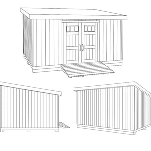 Puede incluir: Dibujo lineal de un cobertizo con techo inclinado, puertas dobles y rampa. El cobertizo est&aacute; construido con revestimiento vertical. Vistas adicionales muestran el cobertizo de lado y por detr&aacute;s.