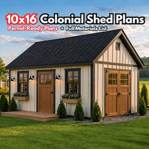 Peut inclure: Un petit cabanon colonial blanc et marron avec un toit noir est posé sur une pelouse verte. Le cabanon a deux fenêtres, une porte et une double porte. Le texte "10x16 Colonial Shed Plans" est en haut, avec "Permit-Ready Plans + Full Materials List" en dessous.
