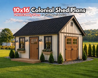 10x16 Colonial Shed Plans PDF — DIY Shed Building Plans with Materials List, Framing, Roof Cut Details