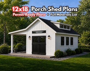 12x18 Dormer Shed Plans with 4ft Side Porch & Loft, 16x18 Shed Building Plans (PDF)