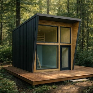May include: A modern, small cabin with a black exterior and wooden accents, set in a lush forest. The cabin features large windows and a wooden deck, blending contemporary design with natural surroundings. The cabin's dimensions are approximately 10 feet by 12 feet.