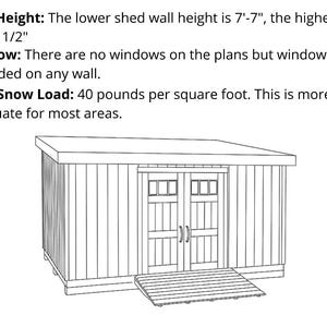 Puede incluir: Dibujo lineal de un cobertizo con techo inclinado, puertas dobles y rampa. La altura de la pared inferior del cobertizo es de 2,31 m, la pared superior es de 2,86 m. La carga de nieve del techo es de 195,2 kg por metro cuadrado.