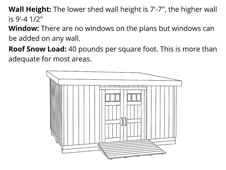 Puede incluir: Dibujo lineal de un cobertizo con techo inclinado, puertas dobles y rampa. La altura de la pared inferior del cobertizo es de 2,31 m, la pared superior es de 2,86 m. La carga de nieve del techo es de 195,2 kg por metro cuadrado.