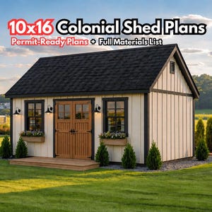 May include: A 10x16 Colonial shed plan with a black roof, white siding, and brown double doors. The image includes the text "Permit-Ready Plans + Full Materials List". The shed has black window frames, flower boxes, and outdoor lighting.