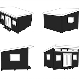 May include: A set of four architectural line drawings showing a small black cabin with a white slanted roof. The structure features double glass doors, multiple square windows, and a small set of steps at the entrance, presented from various angles.