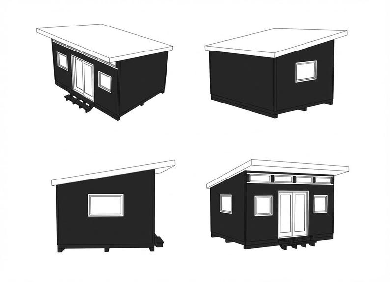 May include: A set of four architectural line drawings showing a small black cabin with a white slanted roof. The structure features double glass doors, multiple square windows, and a small set of steps at the entrance, presented from various angles.