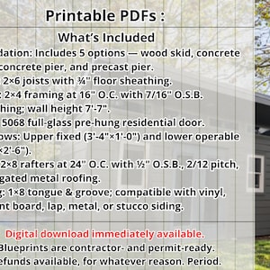 May include: A digital document titled Printable PDFs: What's Included, detailing construction specifications for a structure. It lists foundation options, floor joists, wall framing, door and window dimensions, roof rafters, and siding compatibility.