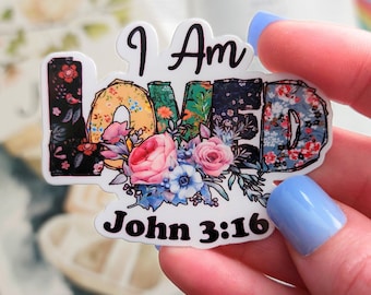 I Am Loved John 3:16 Christian Vinyl Sticker, Waterproof Scripture Decal, Faith Based Bible Verse for Water Bottles, Journals, Gifts