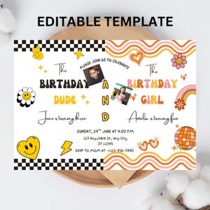 Boy Girl Sibling Birthday Invitation, Joint Birthday Party, Double Birthday Invite, Retro Groovy Smile Checker, Editable Canva Template