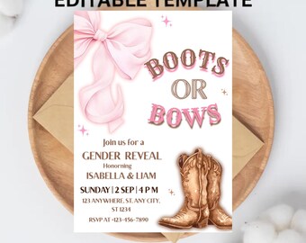 Boots or Bows Gender Reveal Invitation: He or She Invite (Editable Template, Printable, 5x7")