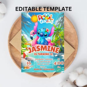 Bearbeitbare Stitch Pool Party Geburtstagseinladung, süße Einladung für Kinder, Lilo & Stitch Canva Vorlage, druckbare Partyeinladung Junge / Mädchen