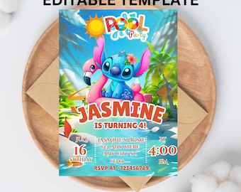 Stitch Pool Party Birthday Invitation: Editable Canva Template (Digital Download)