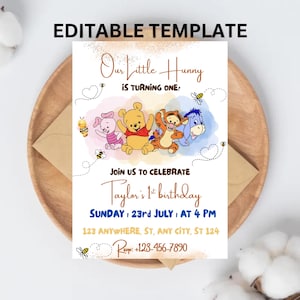 Winnie the Pooh 1st Birthday Invitation Classic Pooh Birthday Invite Vintage Winnie the Pooh Characters First Birthday girl Boy Invite Canva