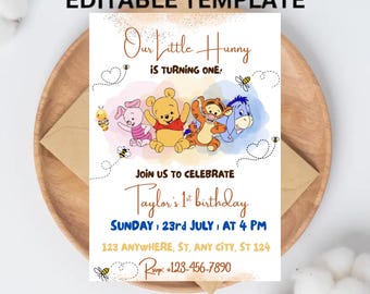 Vintage Winnie the Pooh 1st Birthday Invitation: Classic Canva Template (Digital Download)