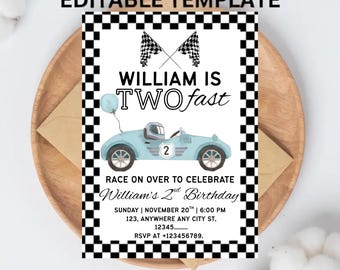 Two Fast Racecar Birthday Invitation: Editable Racing Party Invite (Digital Download