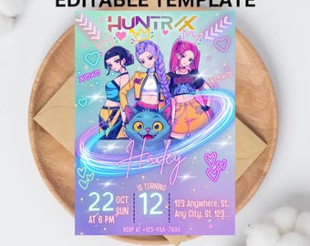 Invito di compleanno modificabile per cacciatori di demoni Kpop, invito per festa K-pop, biglietto digitale a tema BTS, decorazioni per feste di compleanno per i fan dei cacciatori di demoni