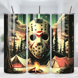 Camp Crystal Stalker Horror, Spooki Halloween Masked Killer, 20 Unzen Skinny Tumbler Wrap Sublimation, Fan Art Sublimation, Killer Halloween