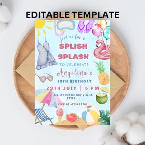 Editable SpSplash Birthday Invitation Pool Party Girl Summer Waterslide Water Party Pink Download Printable Invite Templatelish