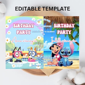 Editable Sibling Birthday Invitation, Double Birthday Invite, Dual Combined Twins, Boy and Girl Double Invite, Editable with Canva