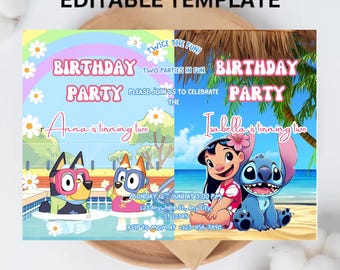Invitación de cumpleaños editable para hermanos: gemelos, niño y niña (Canva)