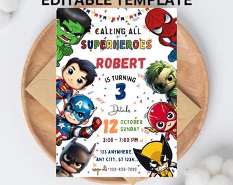 Modello di invito per compleanno di supereroi: invito per festa per bambini (download digitale)
