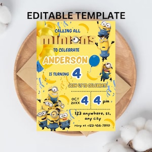 Minions Geburtstagseinladung | Bearbeitbar 5x7 Digitaler Download | Minion Party einladen für Jungen & Mädchen | Minion Einladen | Minion Bday einladen