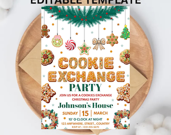 May include: A festive invitation for a Cookie Exchange Christmas Party. The design features gingerbread cookie letters spelling "COOKIE EXCHANGE PARTY" with hanging cookie ornaments and text that reads "Johnson's House".