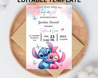 Stitch Gender Reveal Invitation: Pink & Blue Baby Shower (Editable Template)