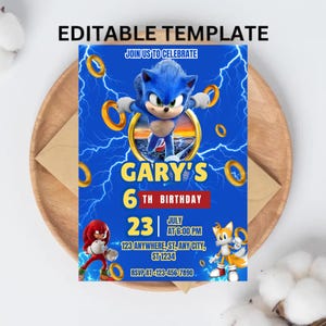 Sonic 3 verjaardagsuitnodiging, Super Sonic-feestuitnodiging, Super Hedgehog Boys-feestuitnodiging, bewerkbare Sonic-uitnodigingssjabloon, Canva-sjabloon