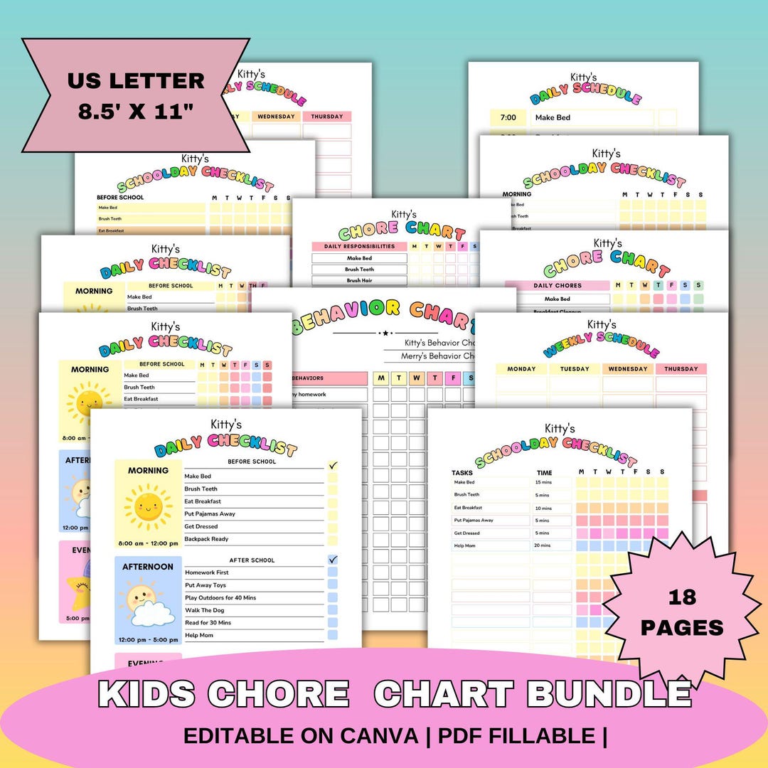 Editable Kids Chore Chart Bundle | Editable Responsibility Chart Bundle ...