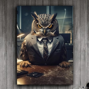 Owl Canvas Painting, Boss Owl Wall Painting, Animal Lover Wall Decor, Owl Home Decor, Home Gift, Modern Art, Ready to Hang Canvas Painting