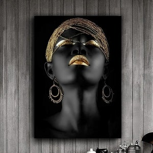 Ethnic Girl Canvas Print, African Woman Wall Painting, Black Woman Framed Canvas, Black and Gold, Modern Home Decor, Afro Wall Art,Home Gift