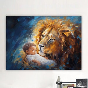 Baby Jesus and Lion Canvas Print, Jesus Wall Art, Christian Home Decor, Modern Artwork, Wall Art, Home Gift, Ready to Hang Canvas Print
