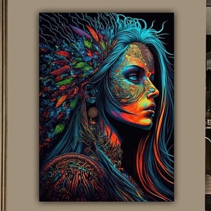 Colorful Native Woman Portrait Canvas Print, Wall Painting, Home Decor, American Artwork, Wall Art, Home Gift, Ready to Hang Canvas Print