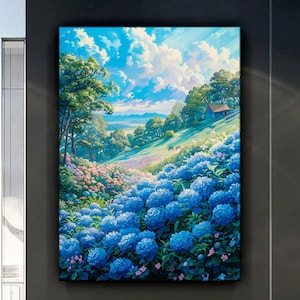Dipinto su tela con paesaggio di campo di fiori blu, dipinto artistico da parete, arredamento per la casa naturale, opera d&#39;arte moderna, arte da parete, dipinto su tela pronto da appendere