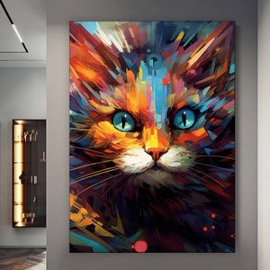 Colorful Cat Canvas Painting, Cat Lover Wall Painting, Home Decor, Modern Artwork, Animal Wall Art, Home Gift, Ready to Hang Canvas Painting