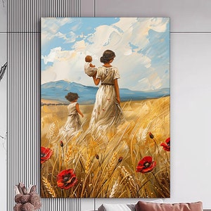 Dipinto su tela Campo di grano, dipinto murale di famiglia, decorazione per la casa della mamma, opera d'arte moderna, arte murale, regalo per la casa, dipinto su tela pronto da appendere