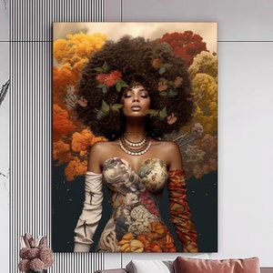 Floral African Girl Canvas Print, Colorful Leaves Wall Painting, Afro Woman Portrait, Modern Wall Art, Black Woman, Ready to Hang Canvas