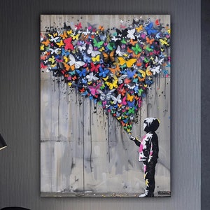 Kind und Schmetterlinge Banksy Leinwand Gemälde, Herz Wandmalerei, Wohnkultur, modernes Kunstwerk, moderne Wandkunst, fertig zum Aufhängen