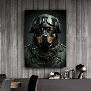 Soldat Rottweiler Leinwanddruck, Tierdesign, Wohnkultur, Hundewandmalerei, Hundewandkunst, moderne Kunst, fertig zum Aufhängen