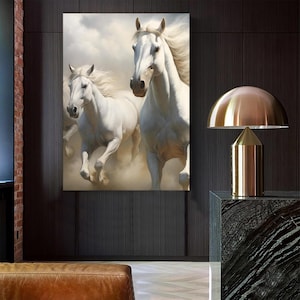 White Horses Canvas Painting, Horse Wall Painting, Home Decor, Modern Artwork, Animal Wall Art, Home Gift, Ready to Hang Canvas Painting