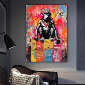 Monkey Banksy Canvas Painting, Modern Wall Painting, Graffiti Home Decor, Modern Artwork, Modern Wall Art, Ready to Hang Canvas Painting